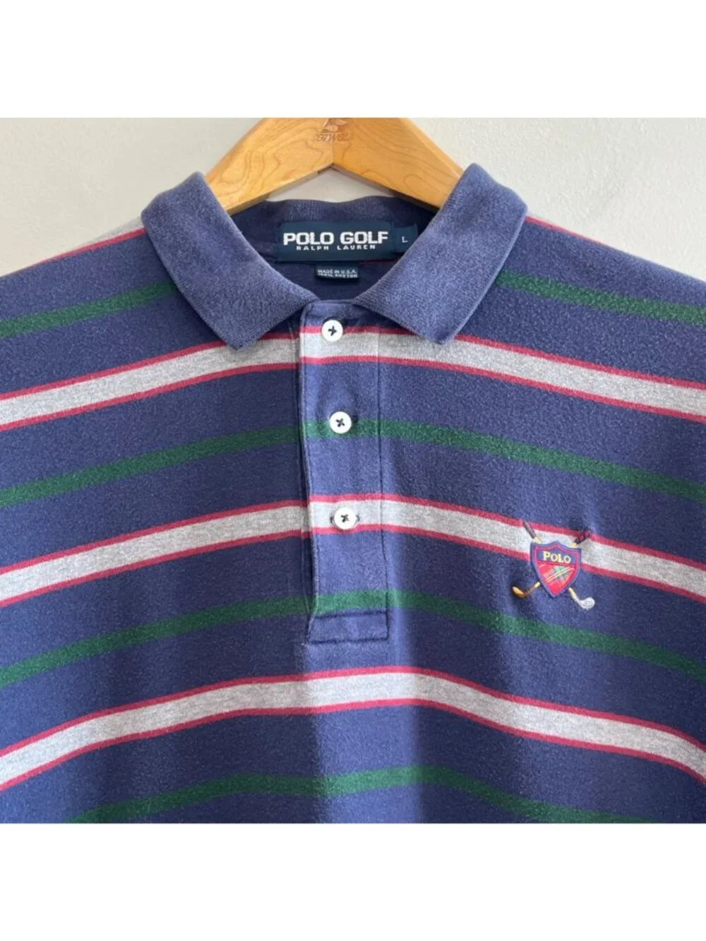 Polo Ralph Lauren Golf Shirt Mens L Navy Stripe Crest 90s Made in USA